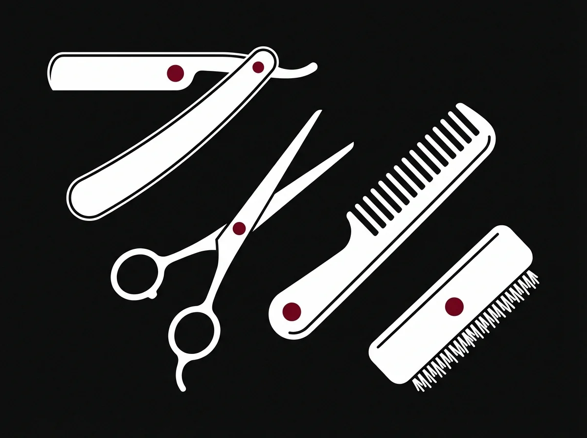 Flat lay éditorial des outils essentiels pour tailler sa barbe à la maison, rasoir sabre, ciseaux de barbier, peigne large et brosse à barbe disposés en composition diagonale